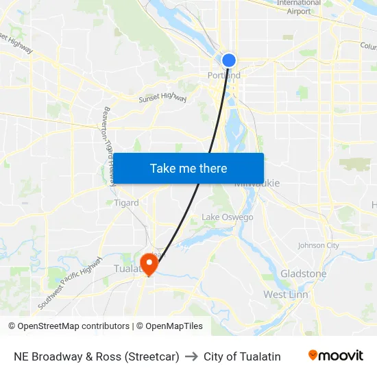 NE Broadway & Ross (Streetcar) to City of Tualatin map