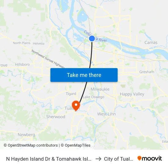 N Hayden Island Dr & Tomahawk Island Dr to City of Tualatin map