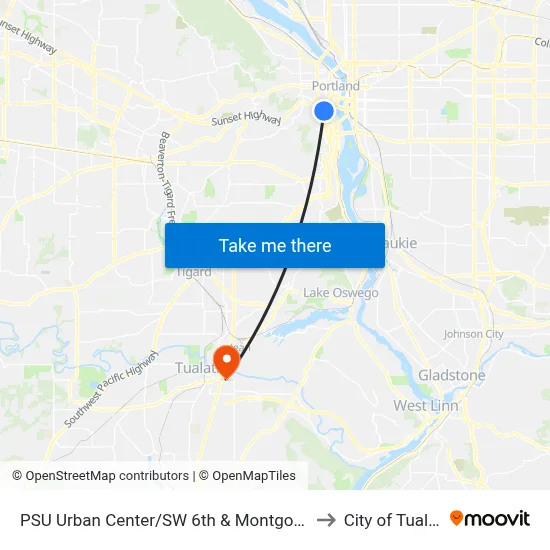 PSU Urban Center/SW 6th & Montgomery St to City of Tualatin map