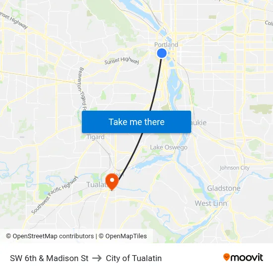 SW 6th & Madison St to City of Tualatin map