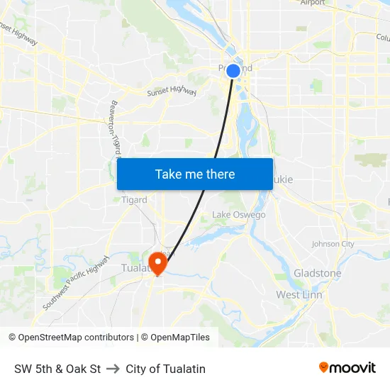 SW 5th & Oak St to City of Tualatin map