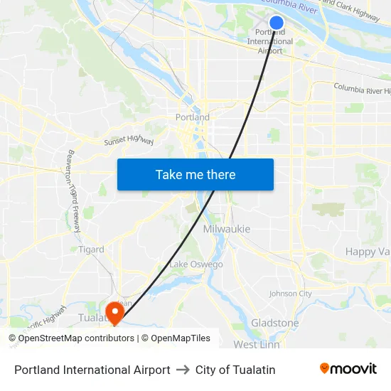 Portland International Airport to City of Tualatin map