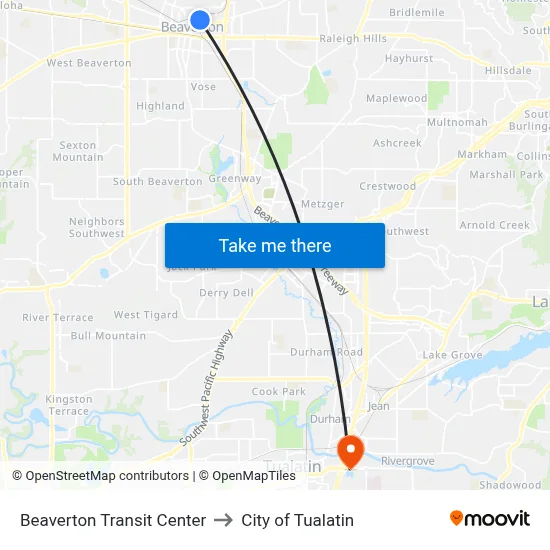Beaverton Transit Center to City of Tualatin map