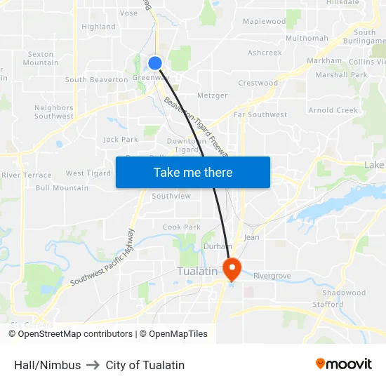 Hall/Nimbus to City of Tualatin map