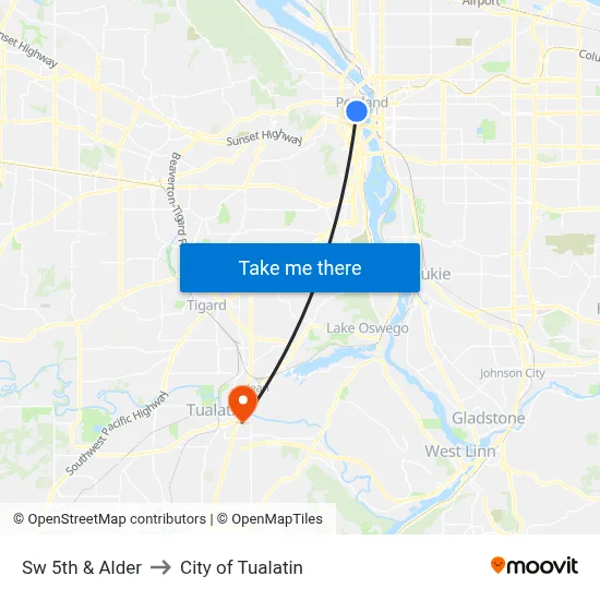 Sw 5th & Alder to City of Tualatin map