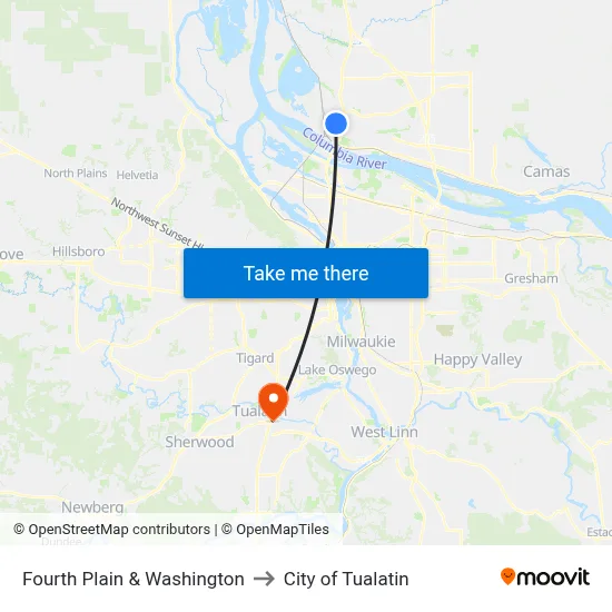 Fourth Plain & Washington to City of Tualatin map