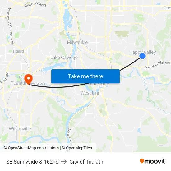 SE Sunnyside & 162nd to City of Tualatin map