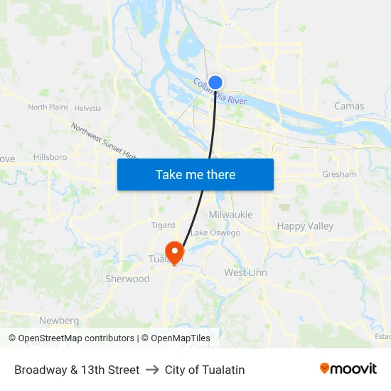 Broadway & 13th Street to City of Tualatin map