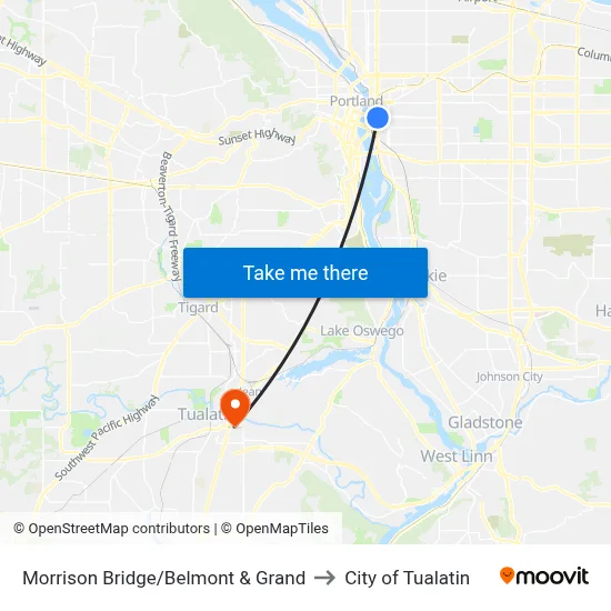 Morrison Bridge/Belmont & Grand to City of Tualatin map