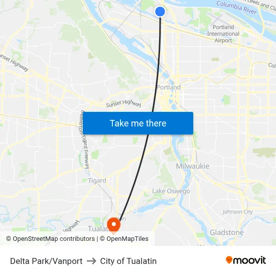 Delta Park/Vanport to City of Tualatin map