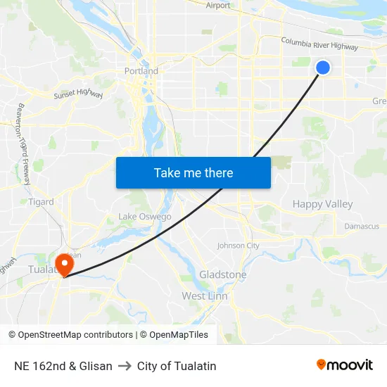 NE 162nd & Glisan to City of Tualatin map
