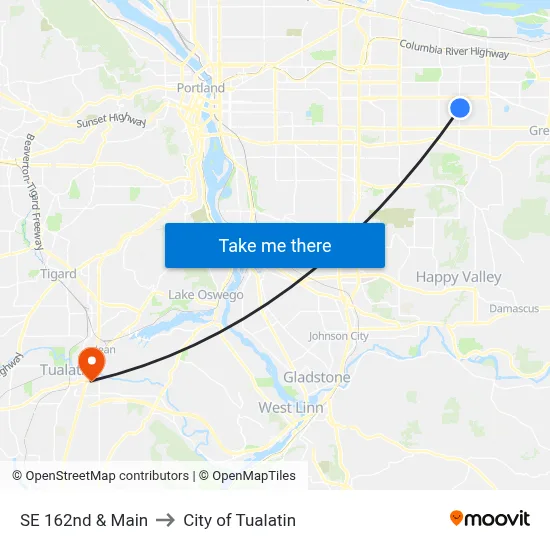 SE 162nd & Main to City of Tualatin map