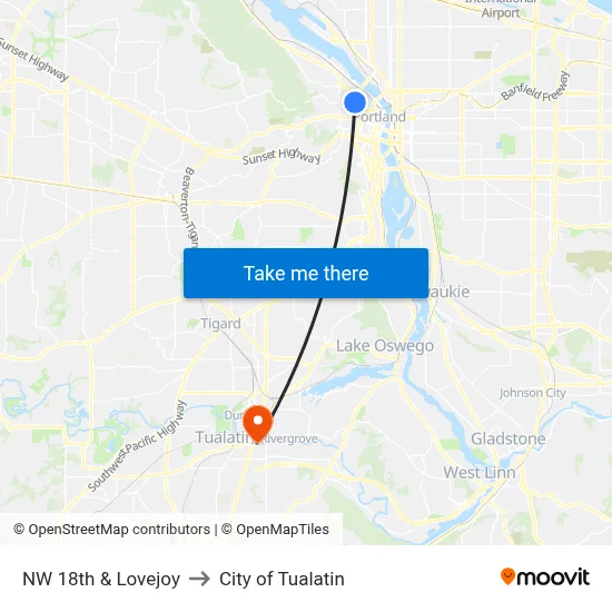 NW 18th & Lovejoy to City of Tualatin map