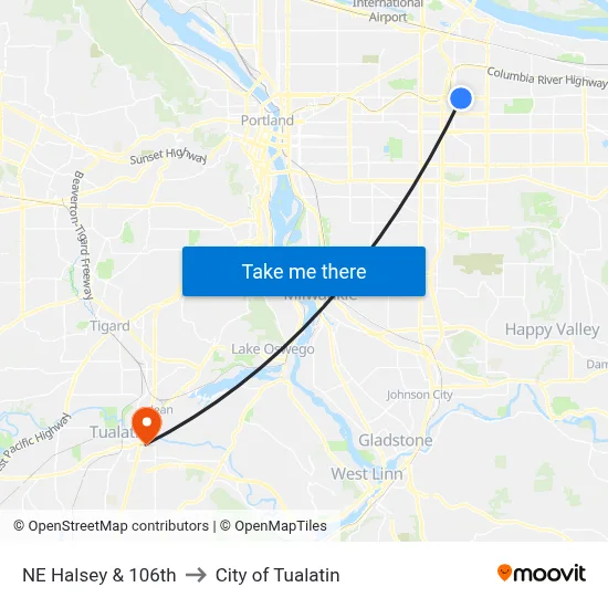 NE Halsey & 106th to City of Tualatin map