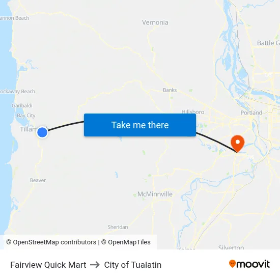 Fairview Quick Mart to City of Tualatin map