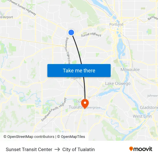 Sunset Transit Center to City of Tualatin map