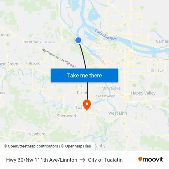 Hwy 30/Nw 111th Ave/Linnton to City of Tualatin map