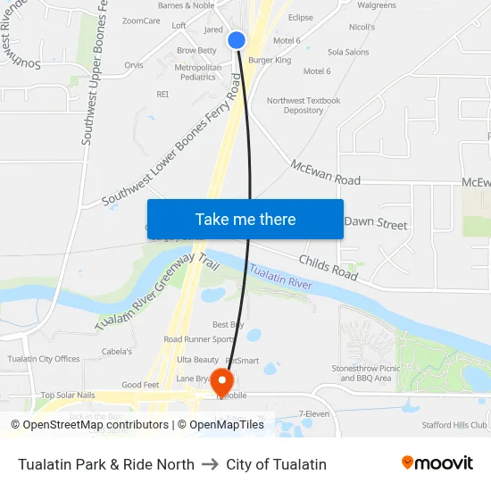 Tualatin Park & Ride North to City of Tualatin map