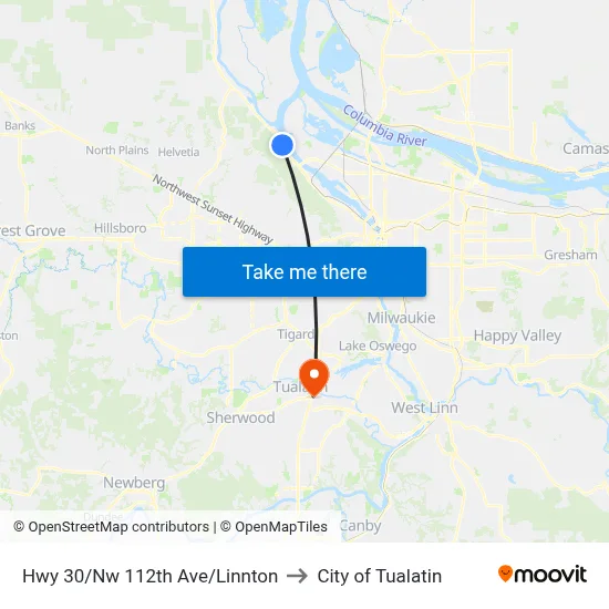 Hwy 30/Nw 112th Ave/Linnton to City of Tualatin map