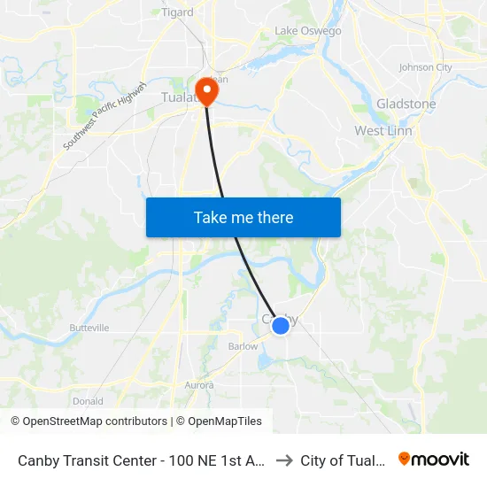 Canby Transit Center - 100 NE 1st Avenue to City of Tualatin map