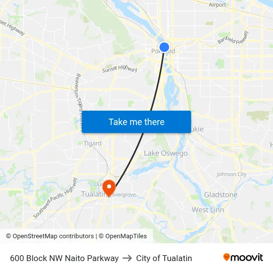 600 Block NW Naito Parkway to City of Tualatin map