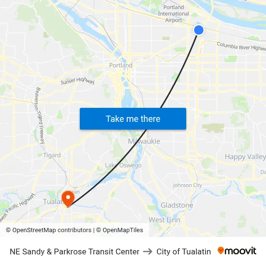 NE Sandy & Parkrose Transit Center to City of Tualatin map