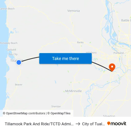 Tillamook Park And Ride/TCTD Admin Office to City of Tualatin map