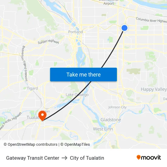 Gateway Transit Center to City of Tualatin map