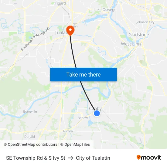 SE Township Rd & S Ivy St to City of Tualatin map