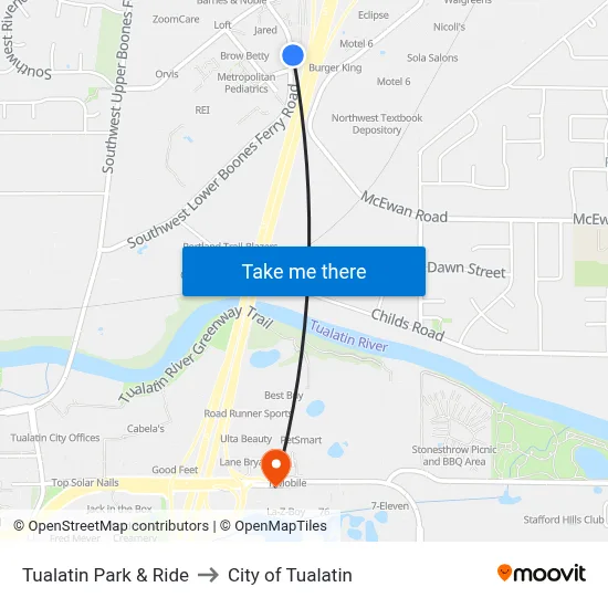 Tualatin Park & Ride to City of Tualatin map