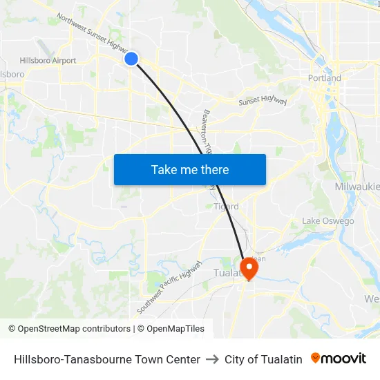 Hillsboro-Tanasbourne Town Center to City of Tualatin map