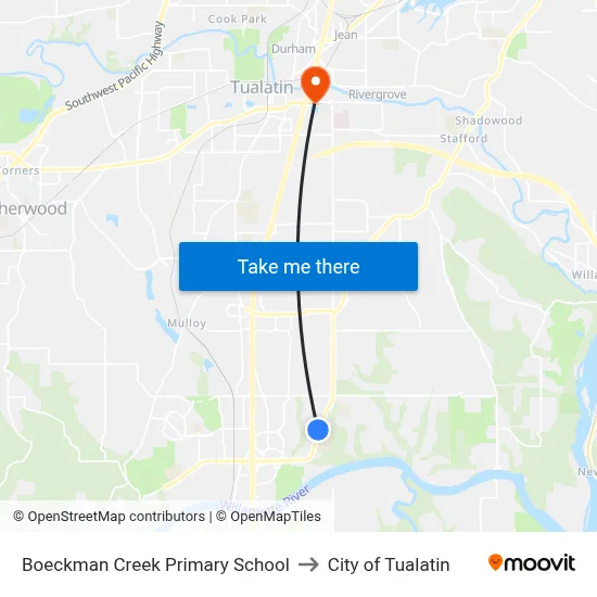 Boeckman Creek Primary School to City of Tualatin map