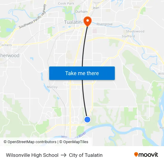 Wilsonville High School to City of Tualatin map