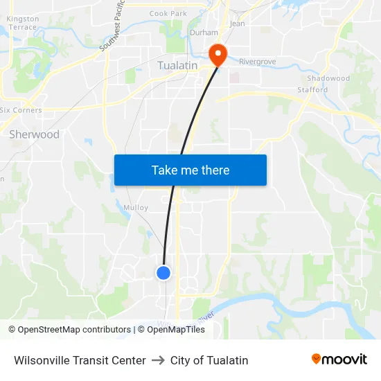 Wilsonville Transit Center to City of Tualatin map