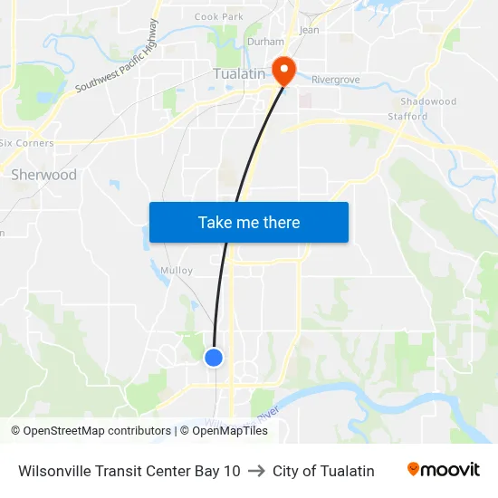 Wilsonville Transit Center Bay 10 to City of Tualatin map
