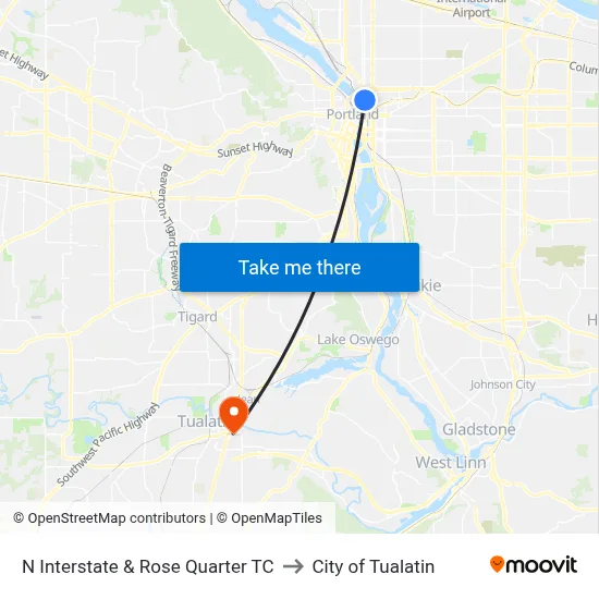 N Interstate & Rose Quarter TC to City of Tualatin map