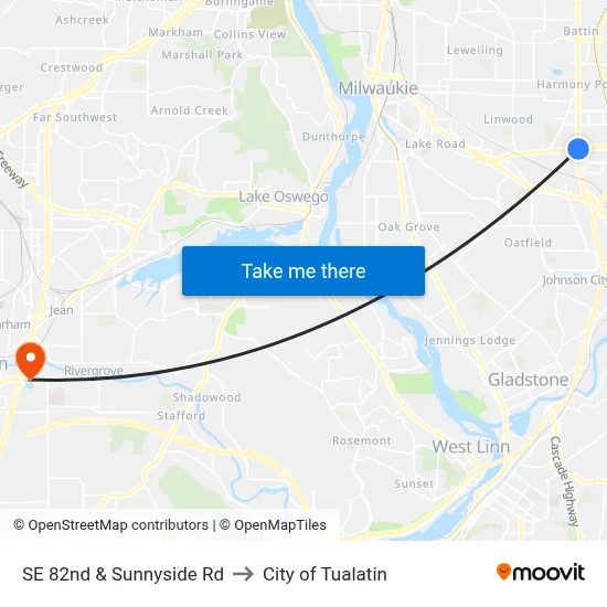 SE 82nd & Sunnyside Rd to City of Tualatin map