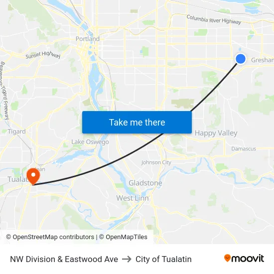 NW Division & Eastwood Ave to City of Tualatin map