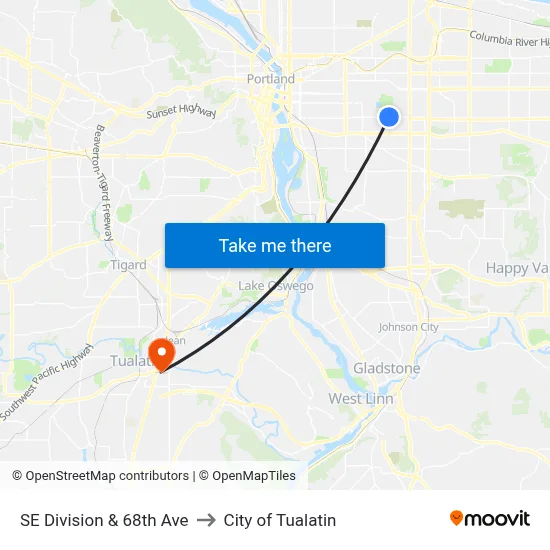 SE Division & 68th Ave to City of Tualatin map