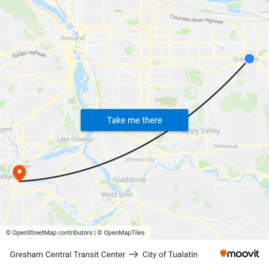 Gresham Central Transit Center to City of Tualatin map