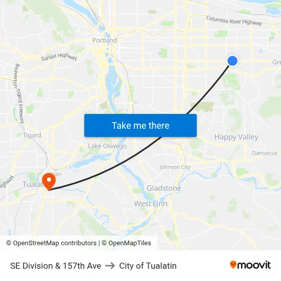 SE Division & 157th Ave to City of Tualatin map