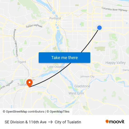 SE Division & 116th Ave to City of Tualatin map