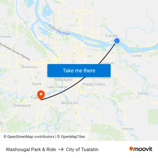 Washougal Park & Ride to City of Tualatin map