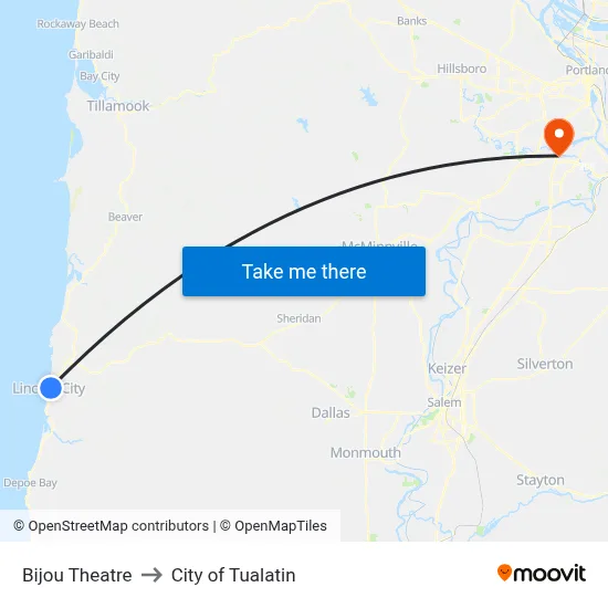 Bijou Theatre to City of Tualatin map