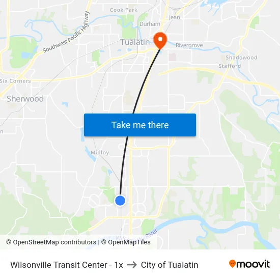 Wilsonville Transit Center - 1x to City of Tualatin map