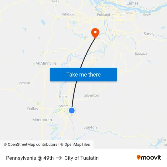 Pennsylvania @ 49th to City of Tualatin map