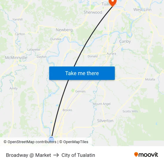 Broadway @ Market to City of Tualatin map