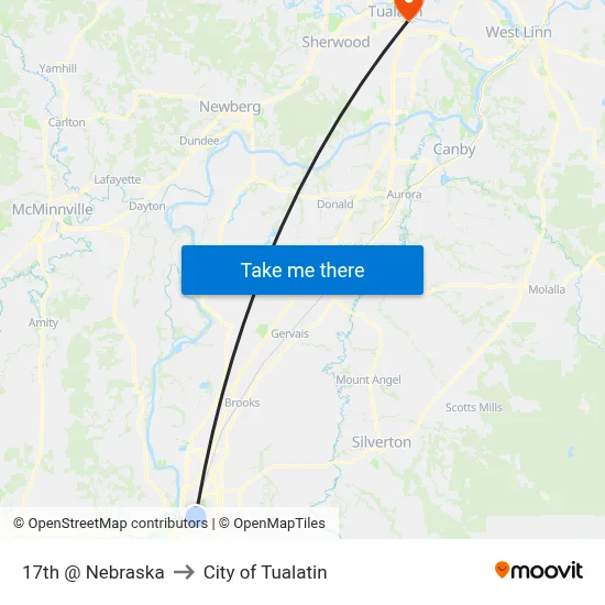 17th @ Nebraska to City of Tualatin map