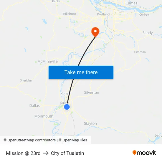 Mission @ 23rd to City of Tualatin map
