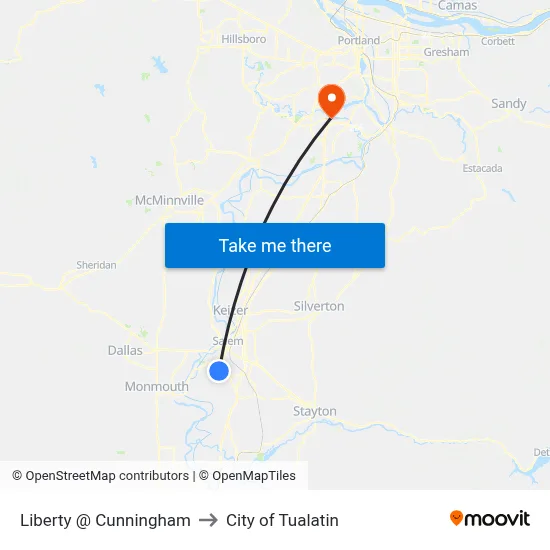 Liberty @ Cunningham to City of Tualatin map